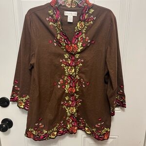 Susan Graver Brown Top  with Floral Embroidery Large Linen blend